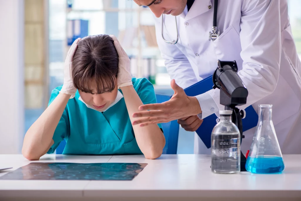 Doctor upset at his assistant for making a medical malpractice error. If you’ve been injured by medical staff during treatment, our medical malpractice attorney in Kansas City can help you pursue justice.