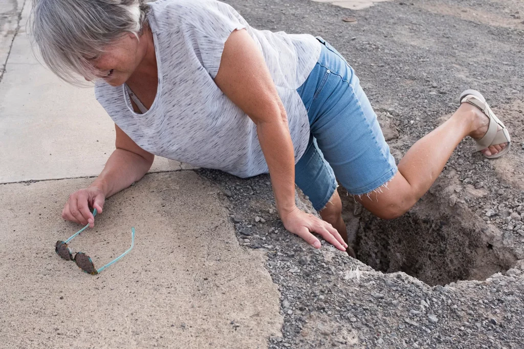 Elderly woman falling in a hole in the street. Our Kansas City personal injury lawyers defend those injured by negligent property owners. 